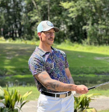 multi colored fun golf shirt with dandelions. fun golf polo. unique golf shirt for men