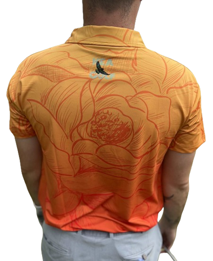 color fade orange men's golf shirt with floral pattern