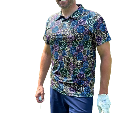 multi colored fun golf shirt with dandelions. multi colored golf polo
