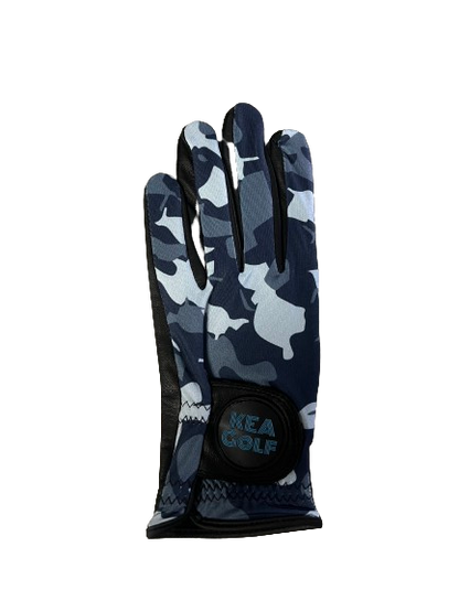 Introducing our 2024 premium KEA Golf Cabretta Leather Golf Gloves. Crafted to perfection, each glove is adorned with our iconic KEA Golf on the tab. Available in both classic white and blue camo, our gloves cater to both left and right handed golfers in sizes medium, large, and extra large. Shown blue camo back hand